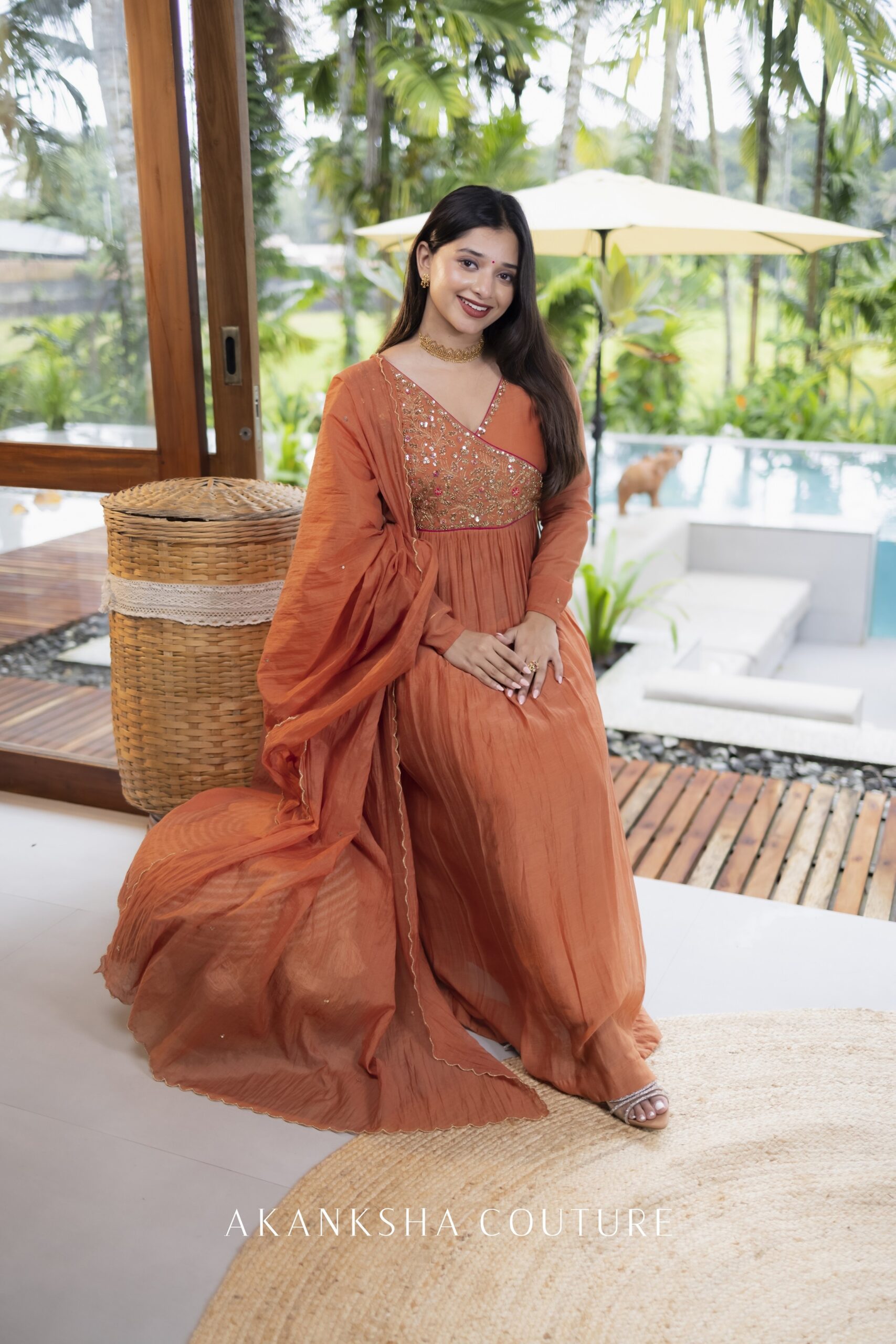ORANGERANI1 Orange Ranipink Handwork kurti + dupatta - Image 1