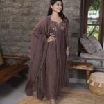 Taupe Chanderi Pleated Top + Dupatta