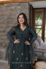 Bottle Green Handwork kurti + Organza dupatta