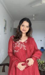 Red  Chanderi Pleated Top + Dupatta - Image 2