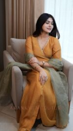 Yellow Handworked Wrap Dress + Pastel Green Dupatta