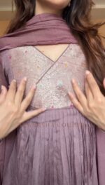 Amitha - Mauve Crepe Georgette Brocade Pleated Top + Dupatta - Image 2