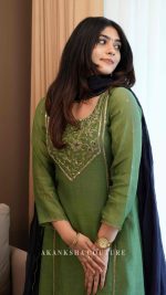 L Parrot Green Handwork Top + Navy Blue Dupatta only - Image 2