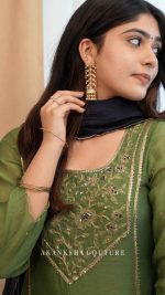 L Parrot Green Handwork Top + Navy Blue Dupatta only - Image 3