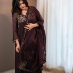 L Deep Wine Pleated Handwork Top + Organza Dupatta only
