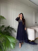 Navy Blue - Red Handwork Pleated Top + Dupatta