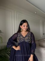Navy Blue - Red Handwork Pleated Top + Dupatta - Image 2