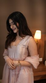Pastel Pink Brocade Pleated Top + Dupatta - Image 2