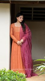 Orange Handwork Pleated Top + Organza Dupatta only - Image 2